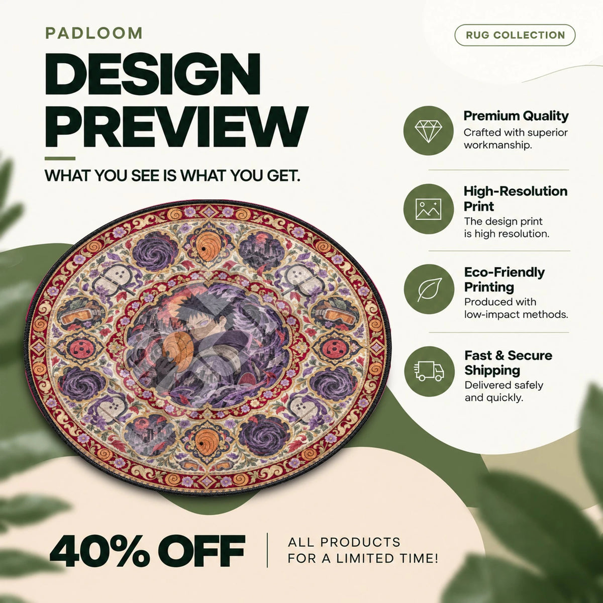 Obito Unmasked Naruto round rug full design preview