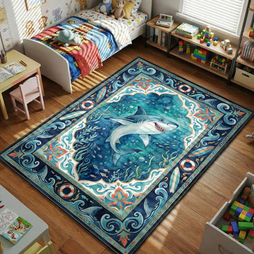 ocean shark rug with fish waves underwater kids room decor