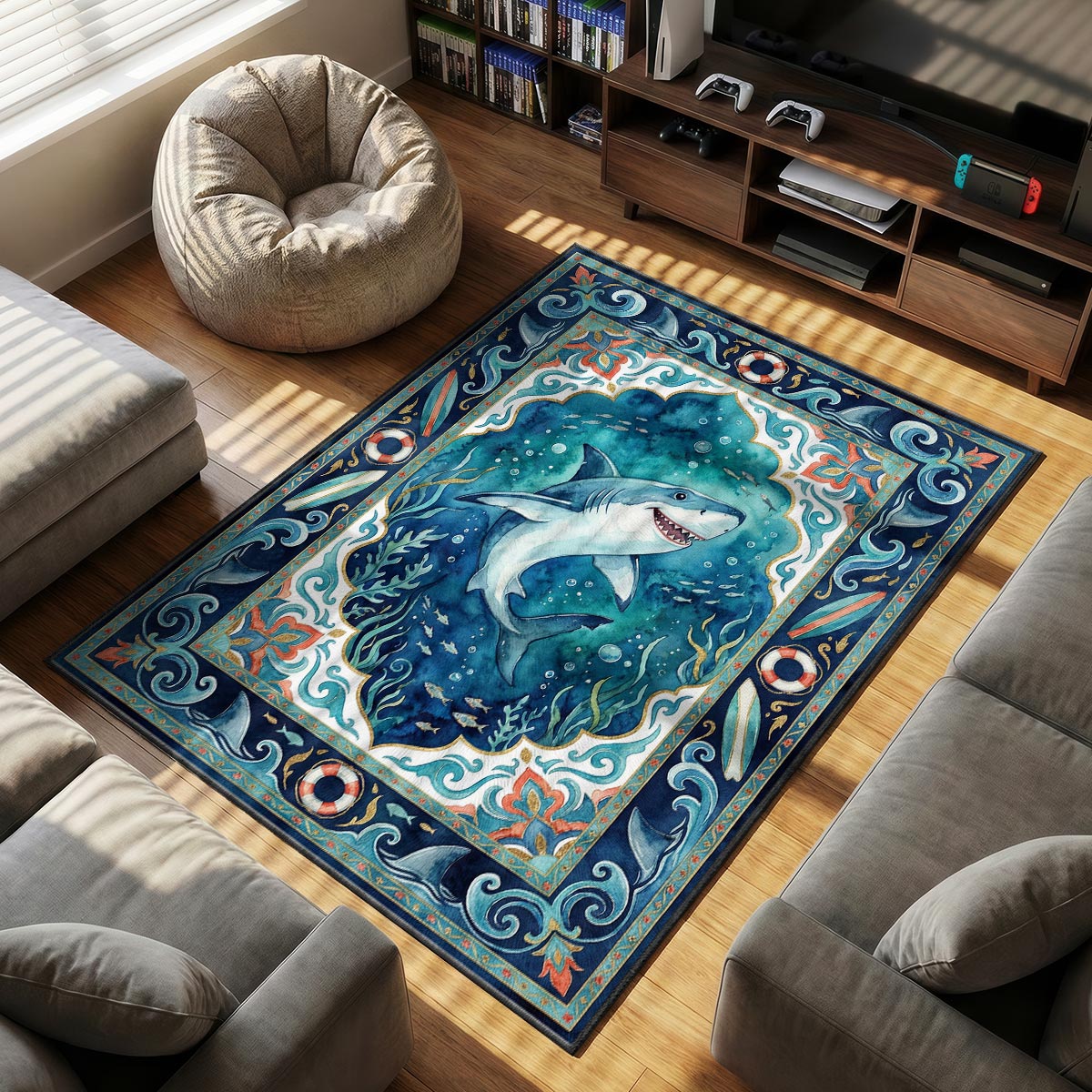 Ocean Shark Adventure Rug – Kids Underwater Theme Decor