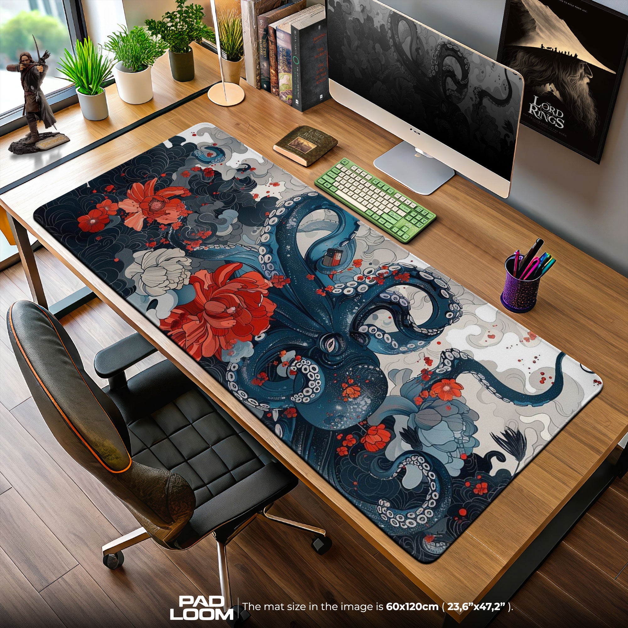 Octopus Waves Mouse Pad, Floral Japanese Gaming Desk Mat