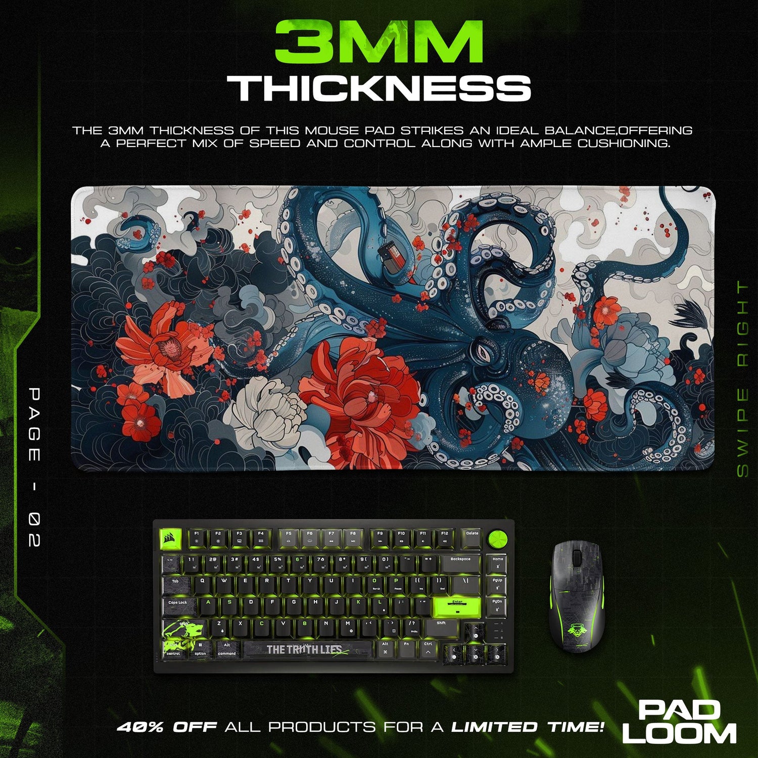 Octopus Waves Mouse Pad, Floral Japanese Gaming Desk Mat Padloom
