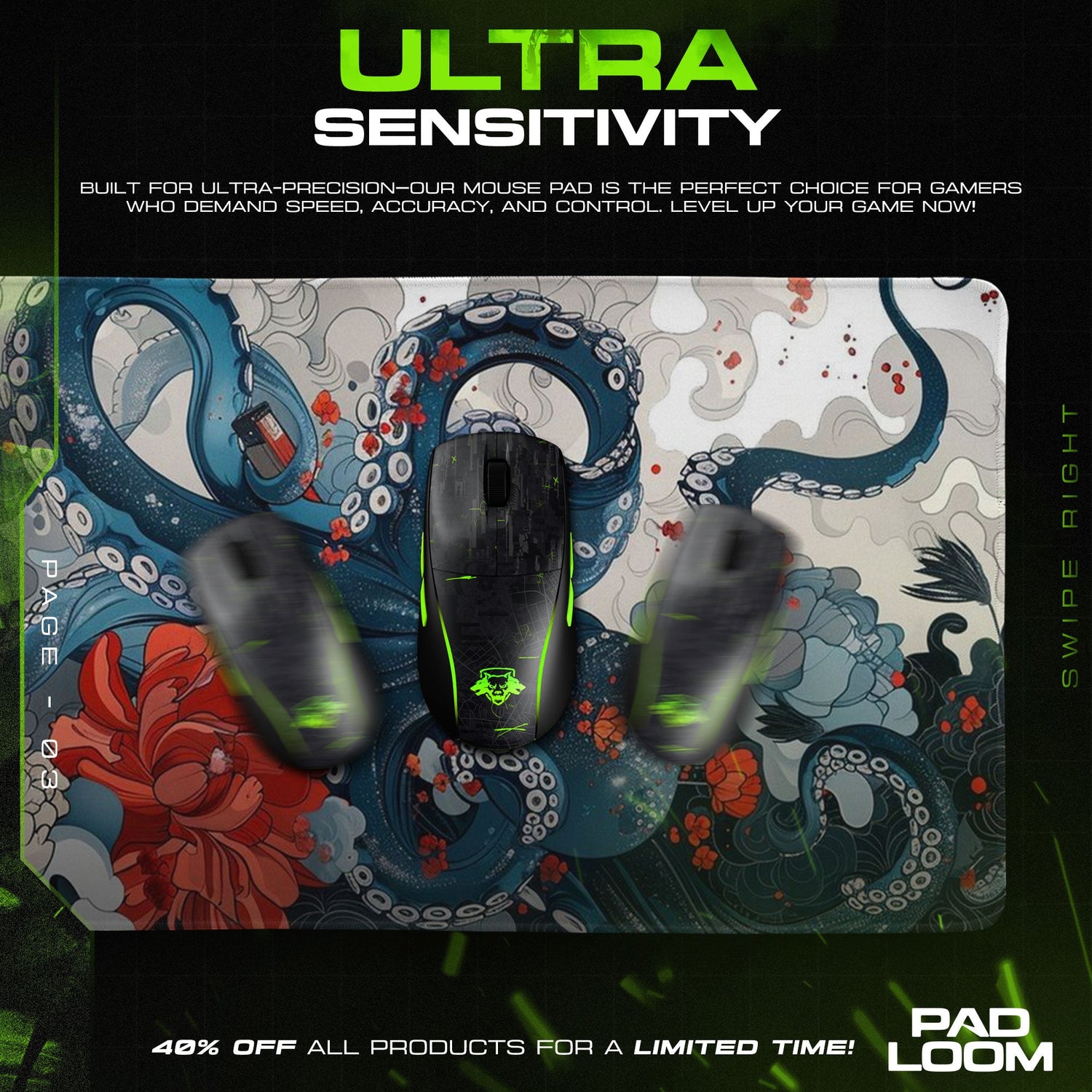 Octopus Waves Mouse Pad, Floral Japanese Gaming Desk Mat Padloom