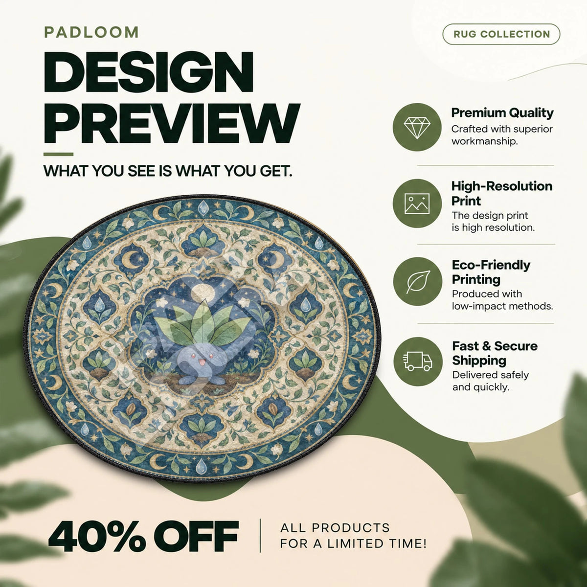 Oddish Moonlit Pokemon round rug full design preview