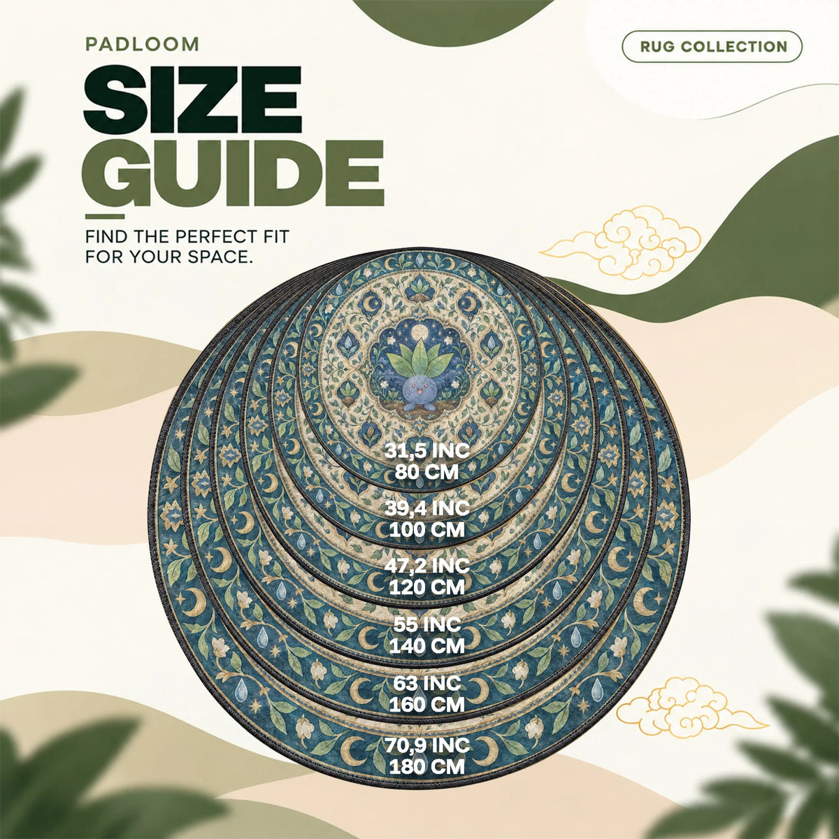 Oddish Moonlit round rug size guide, 80 to 180 cm (31.5 to 70.9 in)