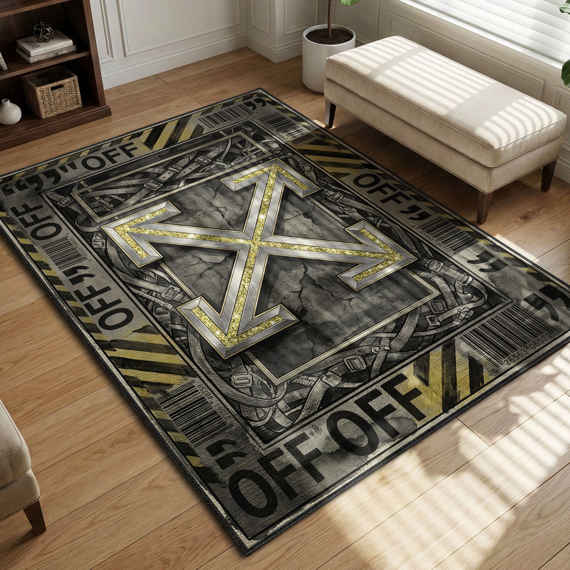 Off-White metallic arrows logo with industrial yellow stripes and grunge concrete texture hypebeast area rug