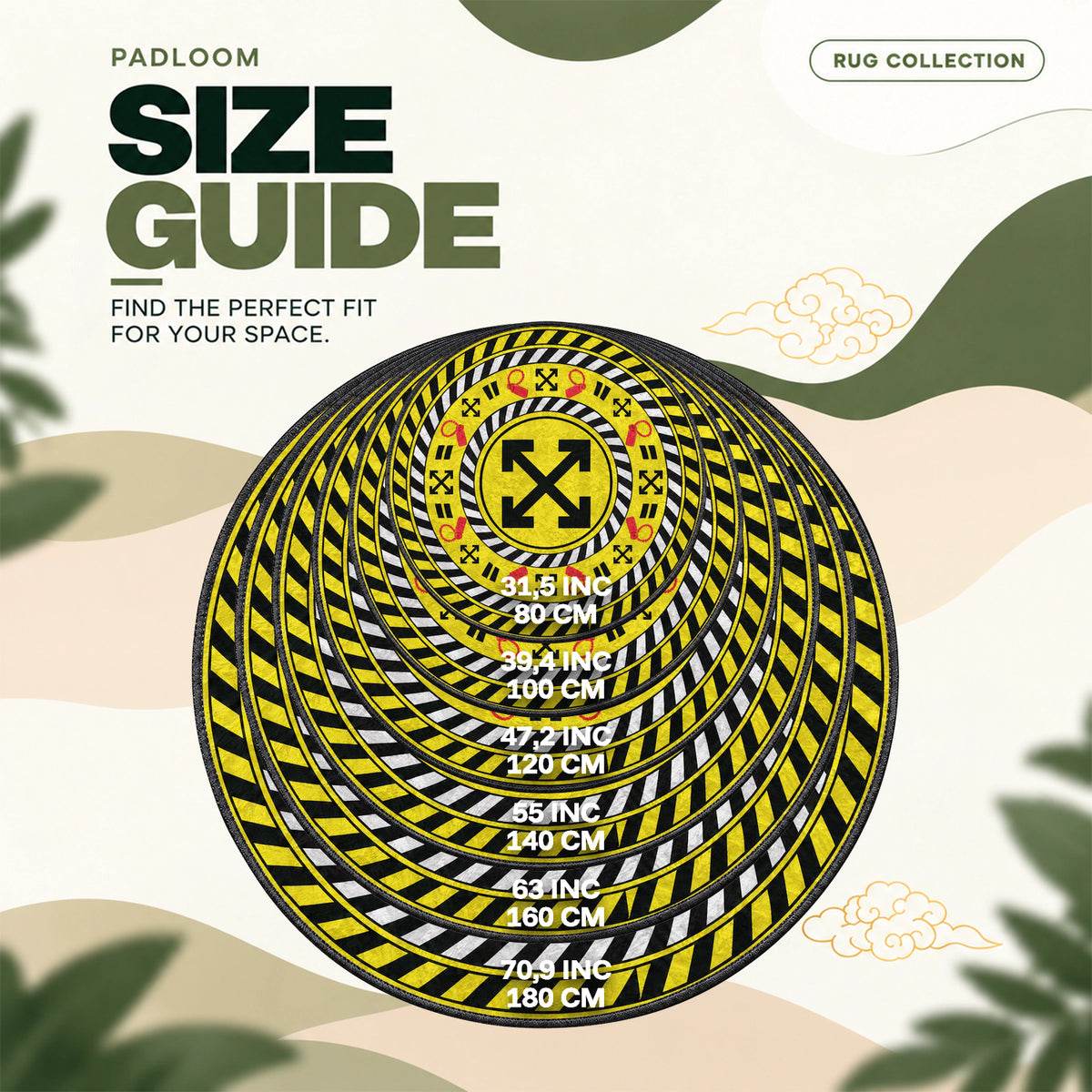 Off White Caution round rug size guide, 80 to 180 cm (31.5 to 70.9 in)