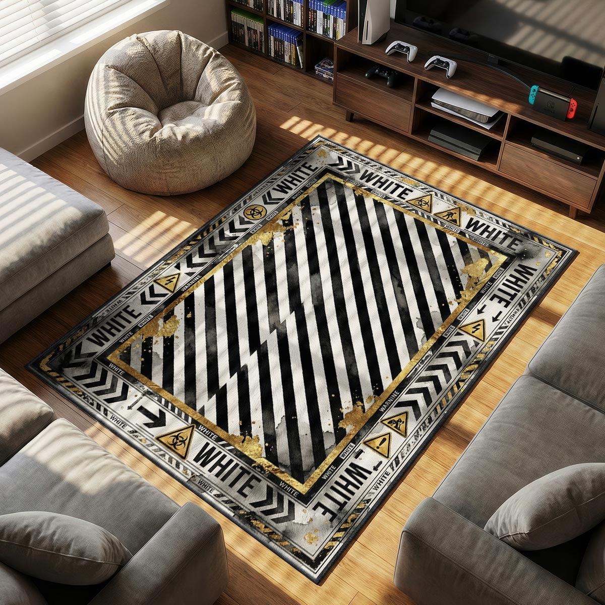 Off-White Industrial Rug - Hazard Stripe Floor Decor