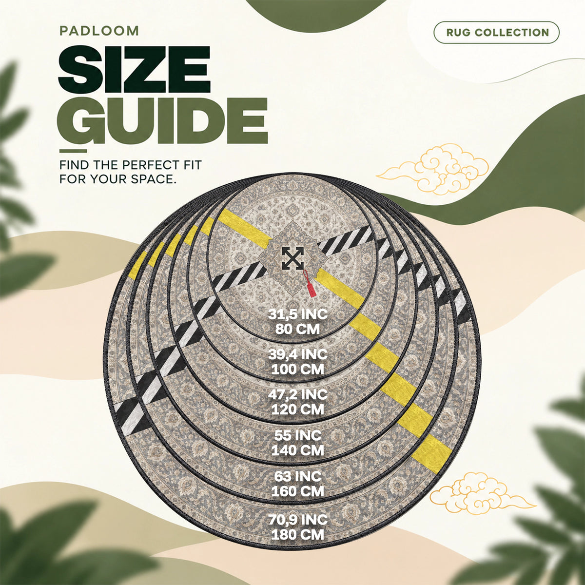 Off-White Medallion round rug size guide, 80 to 180 cm (31.5 to 70.9 in)