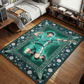 Vertical anime rug design featuring Oikawa Tooru from Haikyuu jumping in his teal Aoba Johsai uniform, framed by an intricate Art Nouveau tarot border with crowns, volleyballs, and ivy vines.