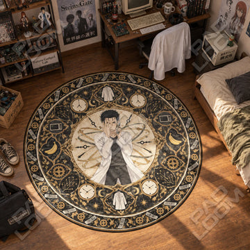 Okabe Calling Steins Gate round rug on a bedroom floor - Steins Gate chair mat