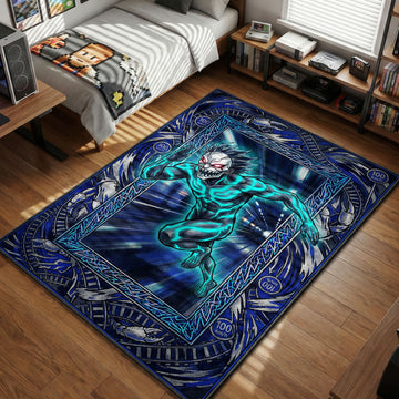 Padloom Dandadan anime rug featuring Okarun in Turbo Granny form running at high speed through a tunnel, surrounded by neon blue lightning, 100 km/h signs, and crab claws.