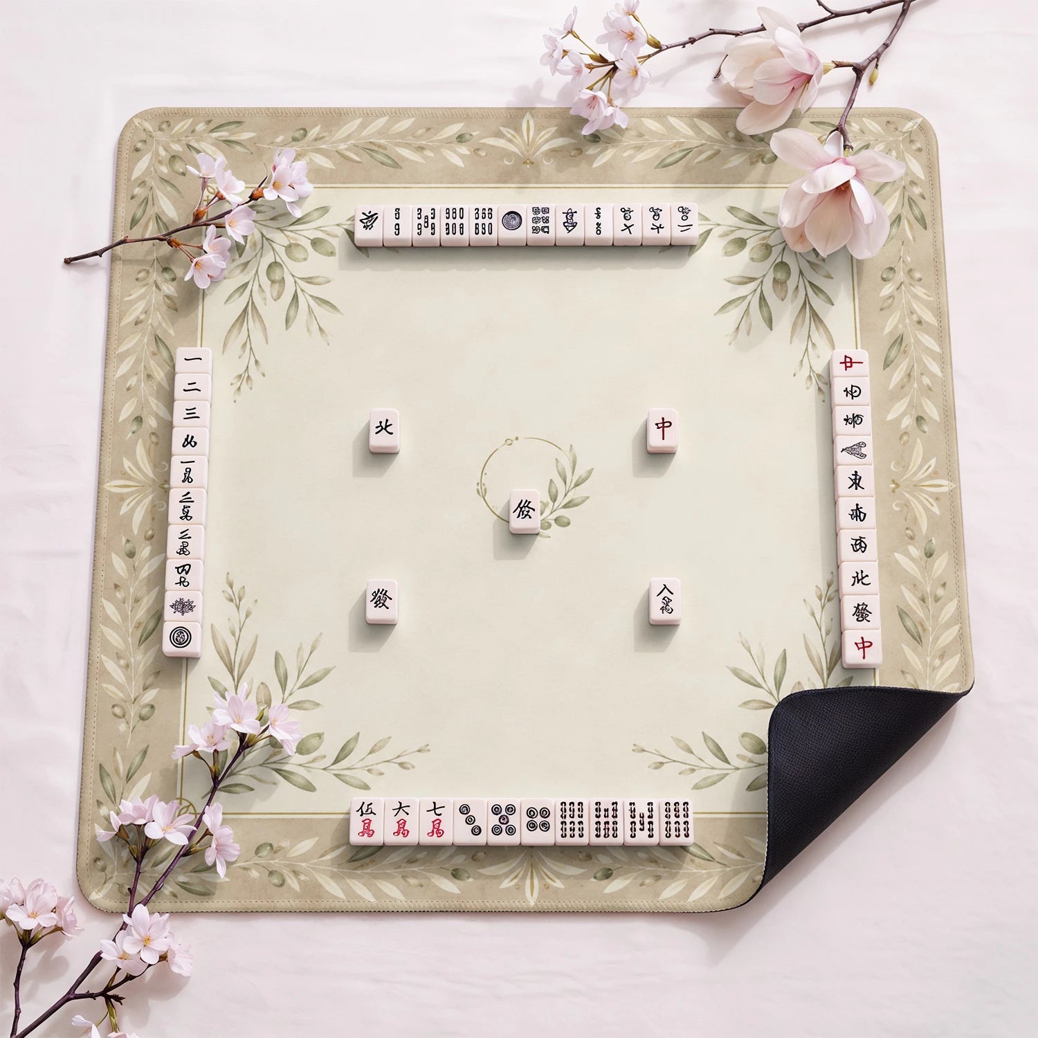 Olive Branch Minimalist design close-up on mahjong mat surface
