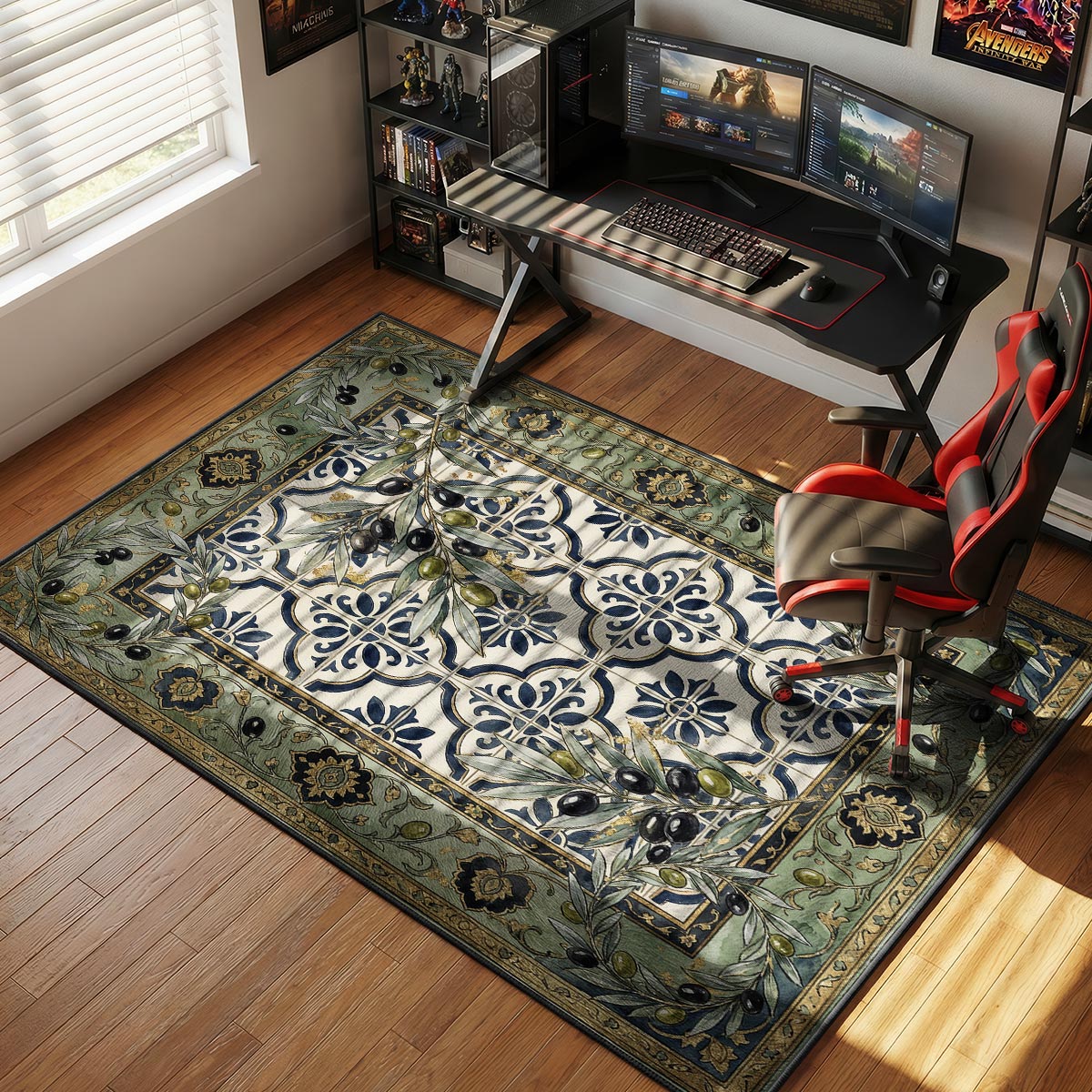 Olive branch kitchen rug on light stone floor near olive oil bottles and a Mediterranean kitchen