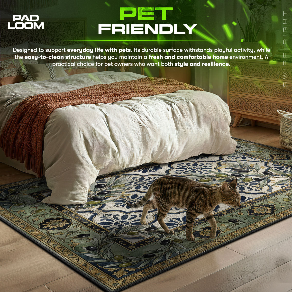 Olive Branch themed area rug for home decor fans