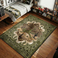 Olive desert paisley rug with 23 silhouette, cactus landscape and bandana border in green and sand tones
