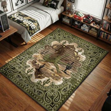 Olive desert paisley rug with 23 silhouette, cactus landscape and bandana border in green and sand tones