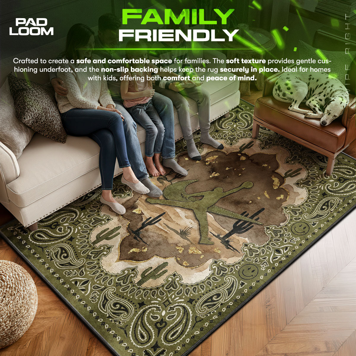 Olive area rug showing full home decor artwork