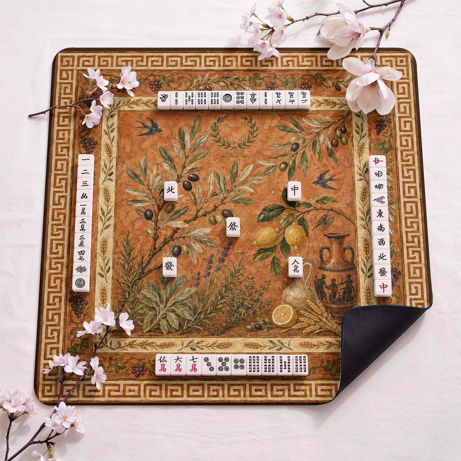 Olive Grove design close-up on mahjong mat surface