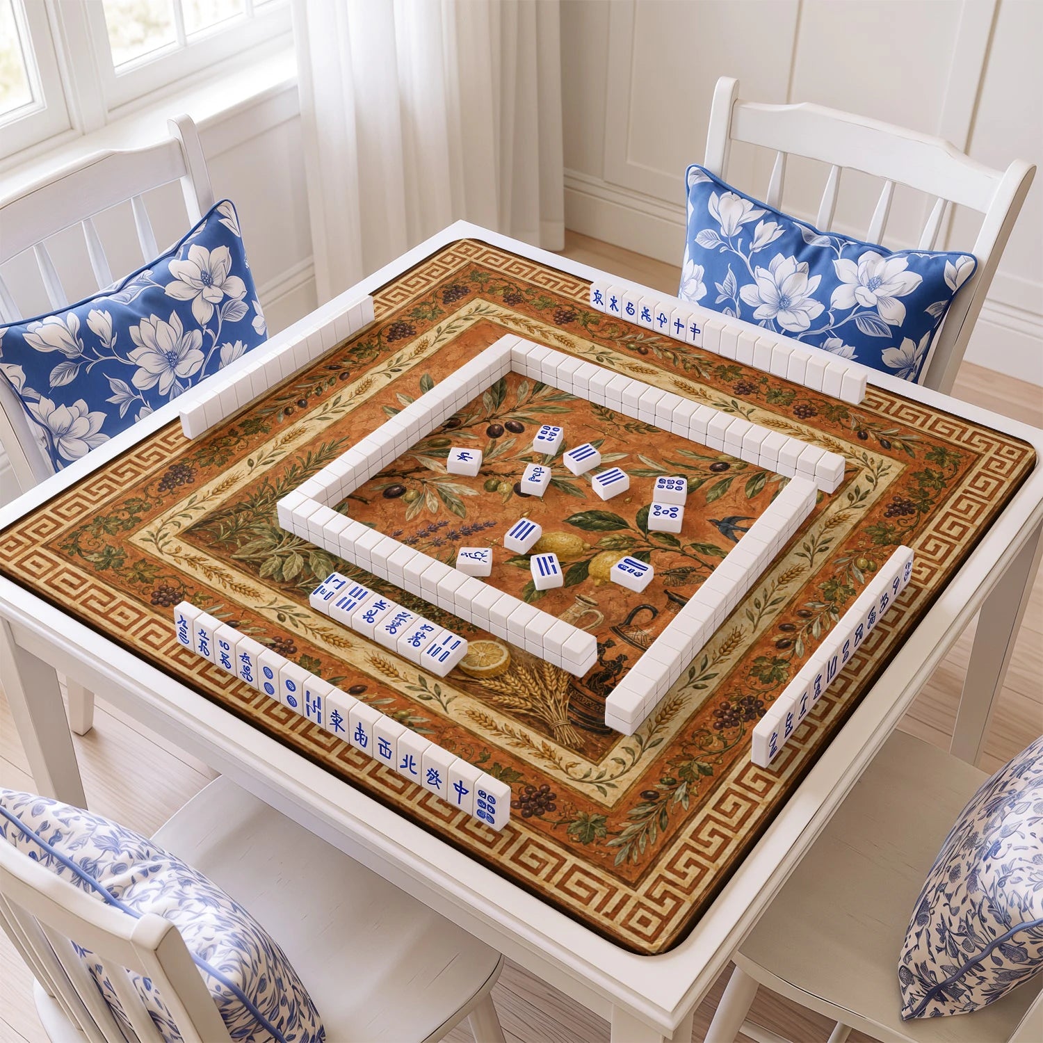 Olive Grove mahjong mat with tiles and racks on the table