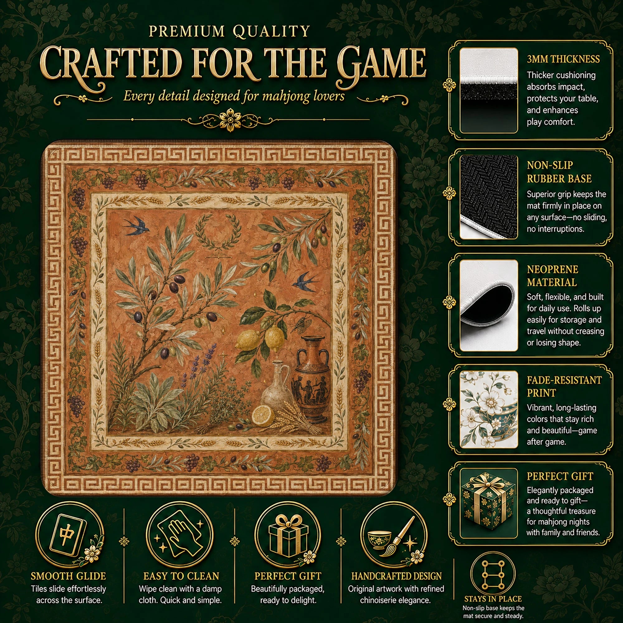 Olive Grove Mahjong Mat – neoprene mah jongg table mat