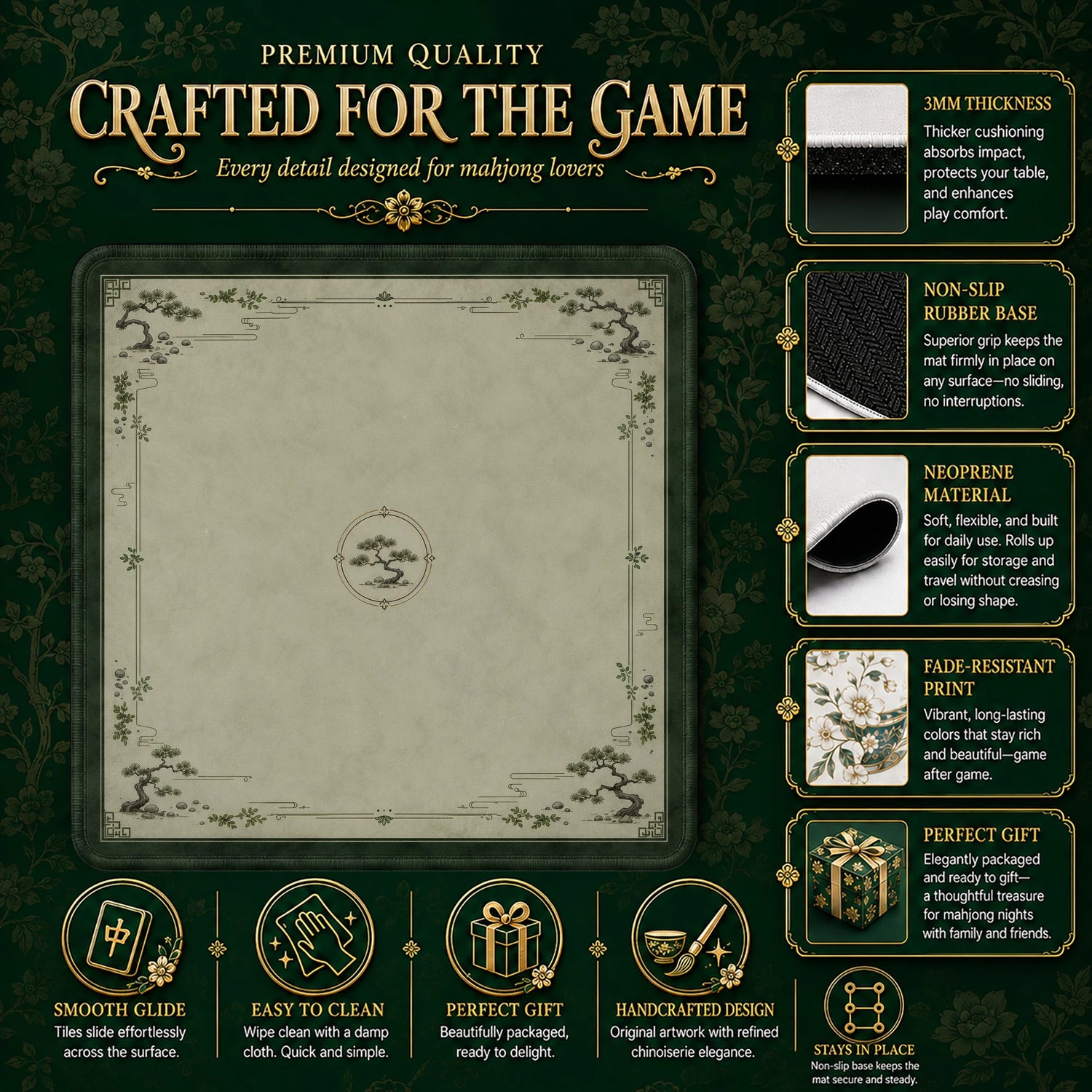 Olive Zen Pine Mahjong Mat - Mah Jongg Table Mat