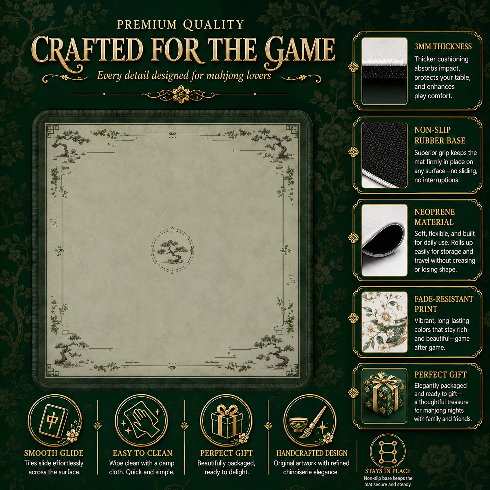 Olive Zen Pine Mahjong Mat - Mah Jongg Table Mat