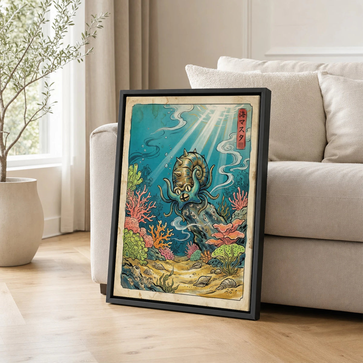 Omastar Coral Pokemon poster leaning beside a sofa - living room wall art