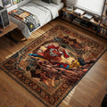 Omni-Man lecturing beaten Mark Grayson in Think Mark scene on a mountain with heartbeat lines traditional Persian art style movie themed area rug and home theater mat