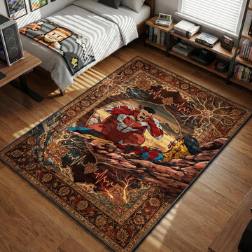 Omni-Man lecturing beaten Mark Grayson in Think Mark scene on a mountain with heartbeat lines traditional Persian art style movie themed area rug and home theater mat
