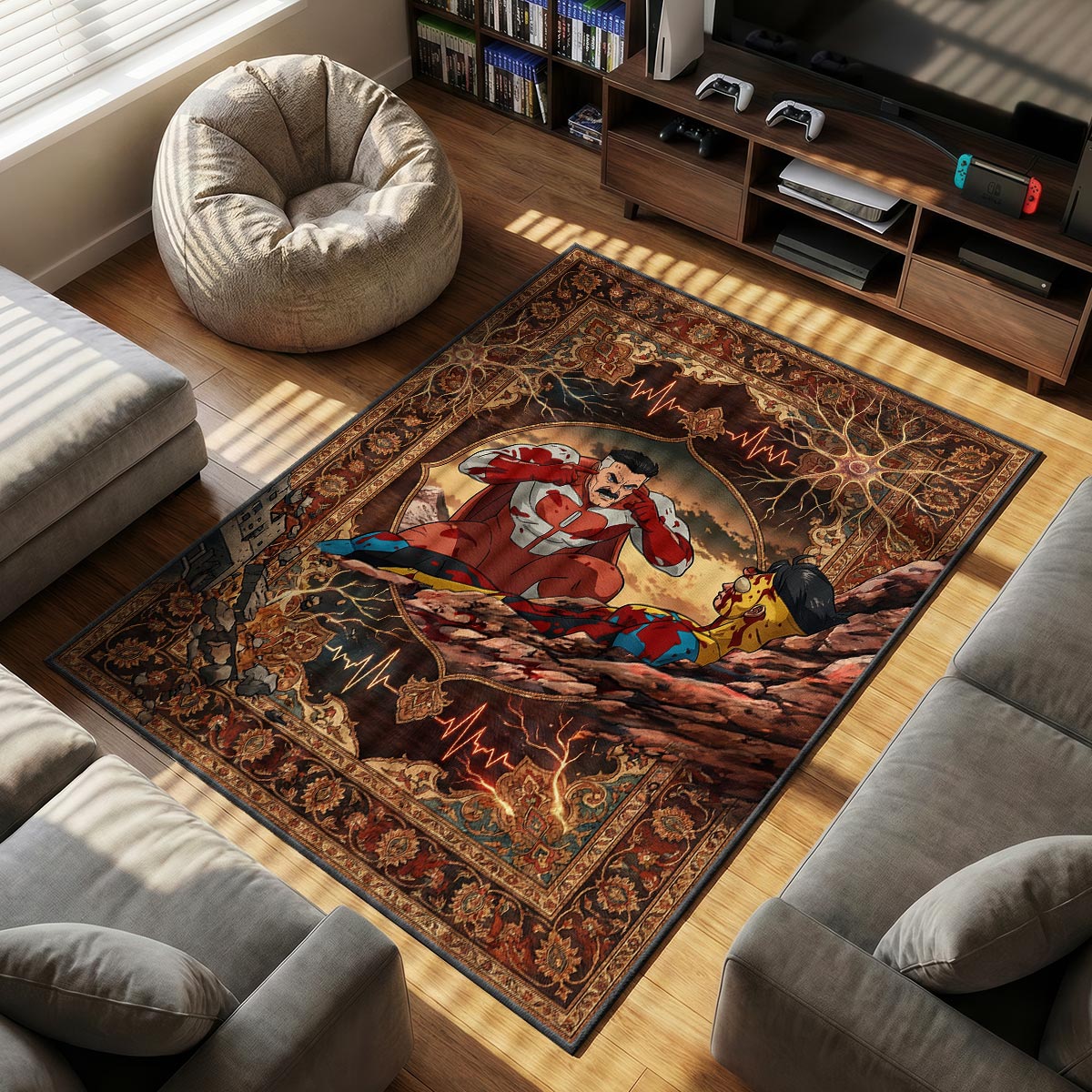 Omni Man themed area rug for home decor fans