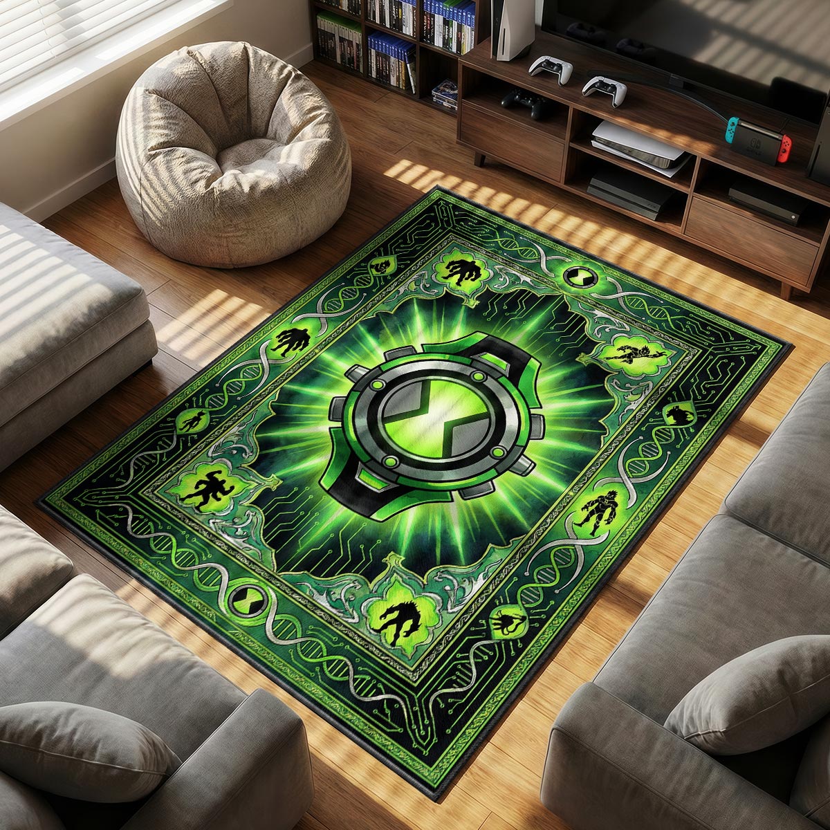 Omnitrix Alien themed area rug for home decor fans