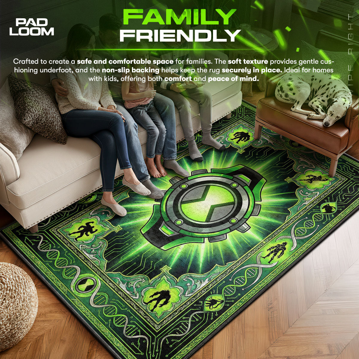 Omnitrix area rug showing full home decor artwork