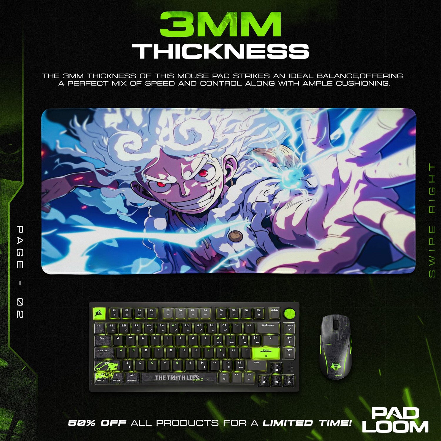 One Piece Luffy Gear 5 Mouse Pad, Anime Lightning Desk Mat Padloom