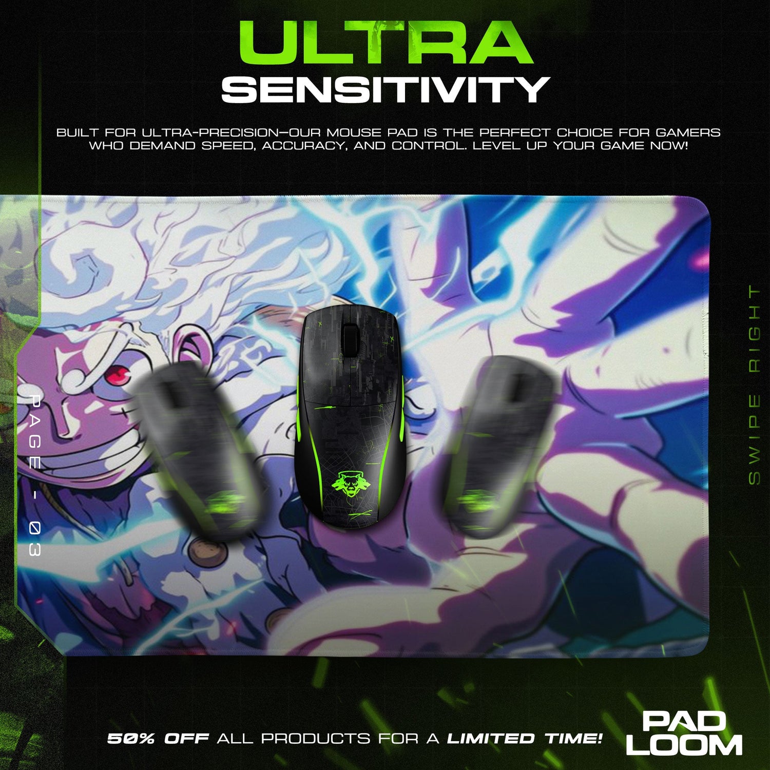 One Piece Luffy Gear 5 Mouse Pad, Anime Lightning Desk Mat Padloom