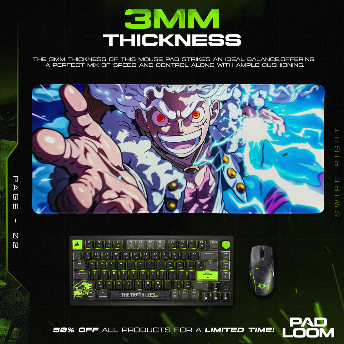 One Piece Luffy Gear 5 Mouse Pad, Anime Power Desk Mat