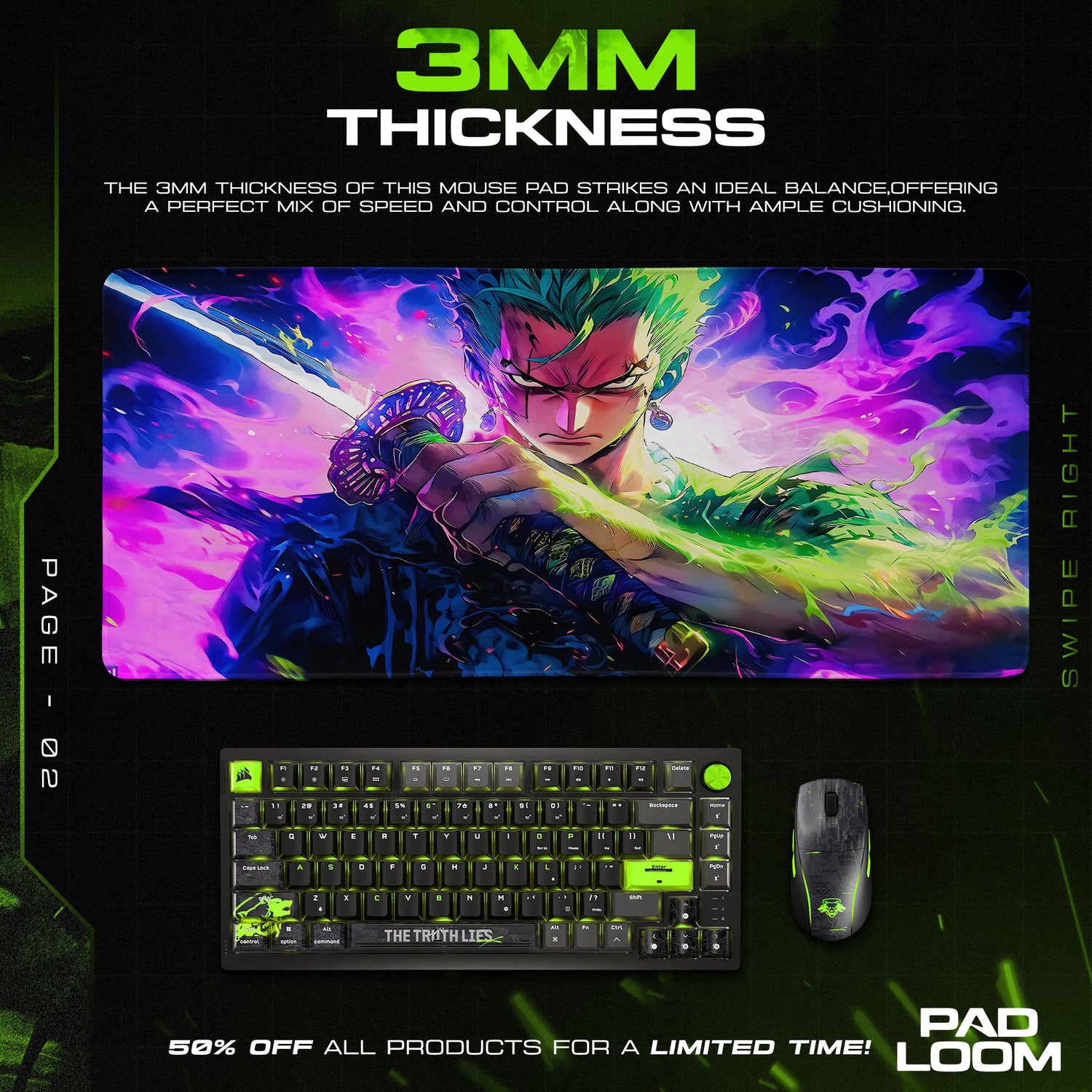 One Piece Zoro Aura Mouse Pad, Anime Gamer Desk Mat Padloom