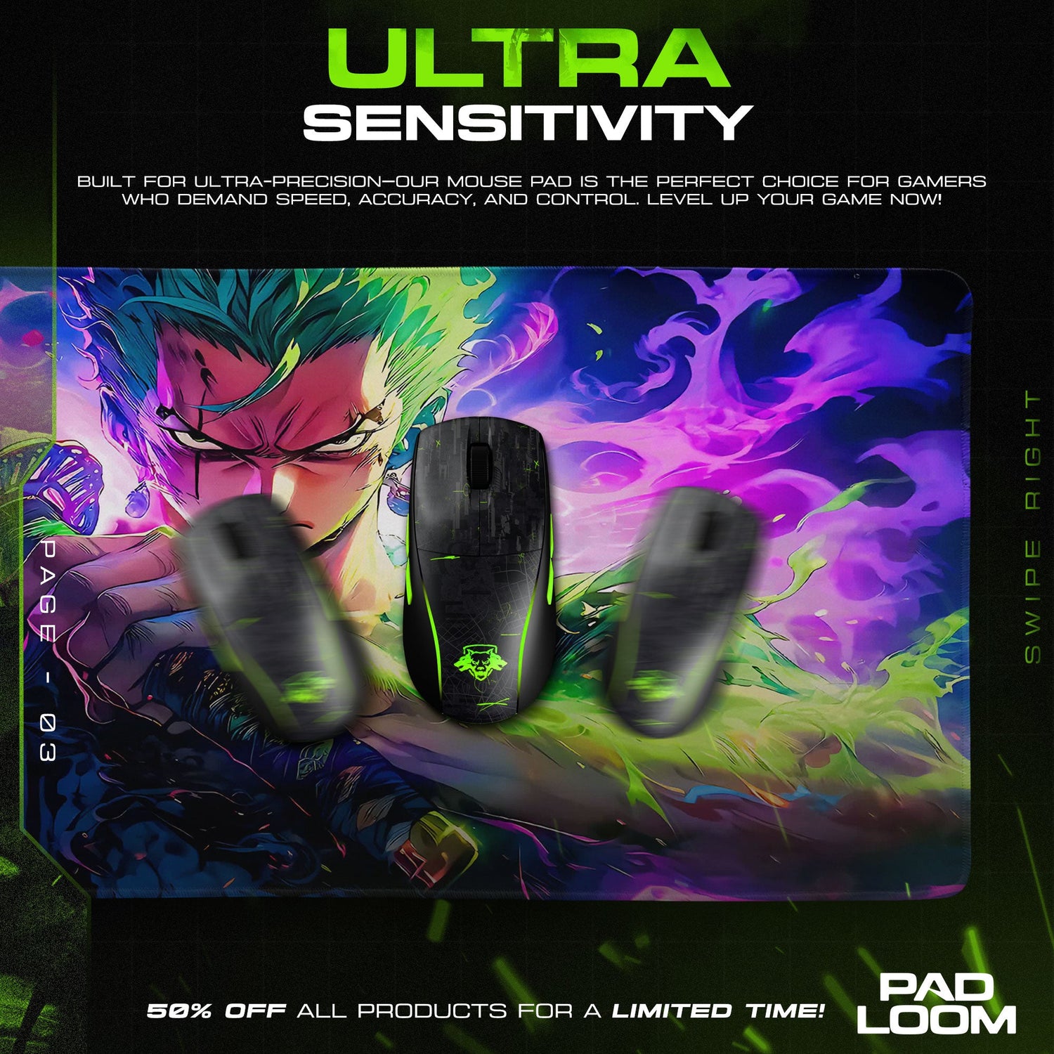One Piece Zoro Aura Mouse Pad, Anime Gamer Desk Mat Padloom