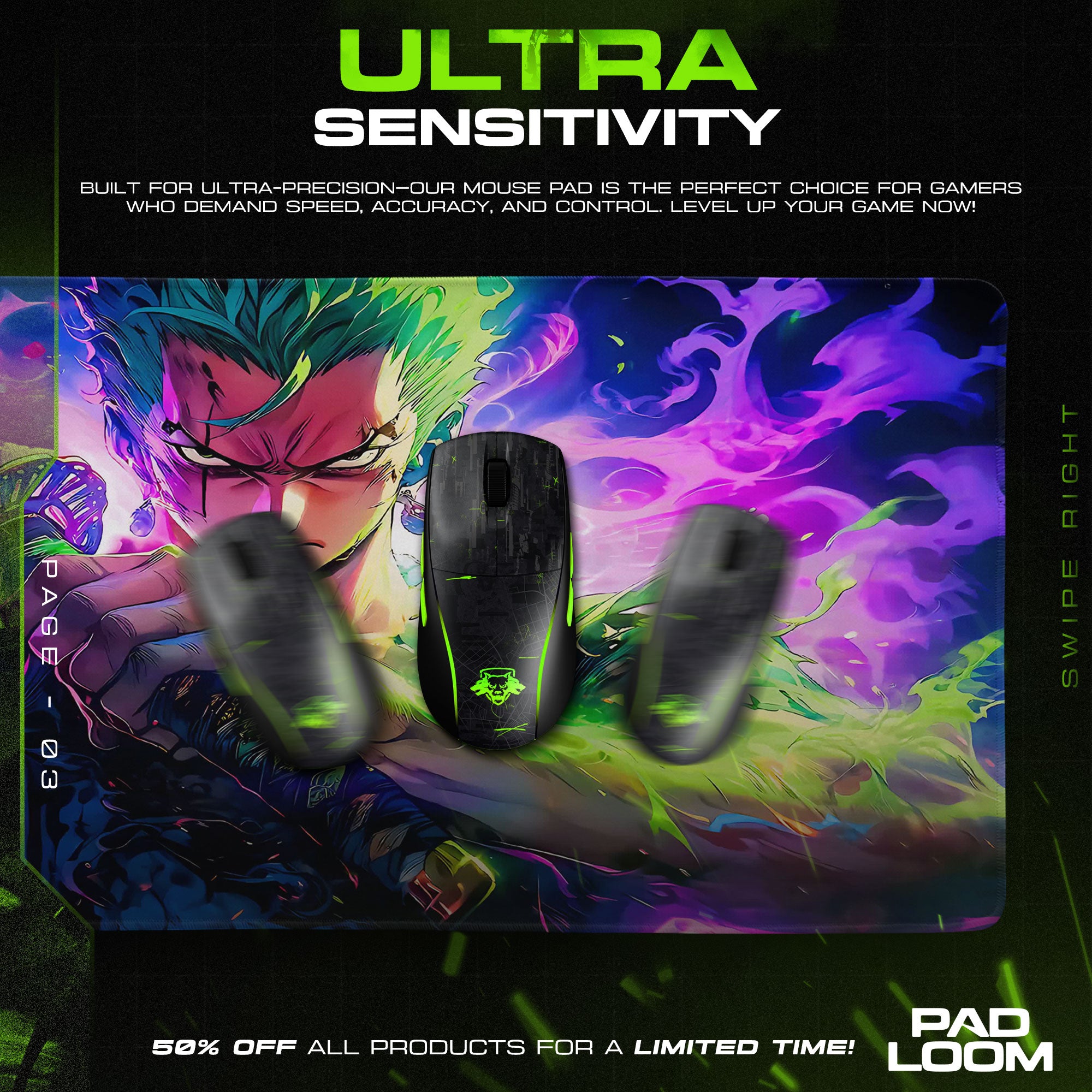 One Piece Zoro Aura Mouse Pad, Anime Gamer Desk Mat