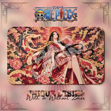 Boa Hancock Peony One Piece playmat, red and orange Japanese woodblock-style art, 24 x 14 in TCG mat
