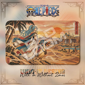 Vivi Alabasta One Piece playmat, orange and beige Japanese woodblock-style art, 24 x 14 in TCG mat