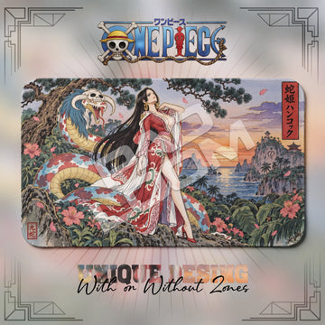 Boa Hancock Amazon Lily One Piece playmat, beige and red Japanese woodblock-style art, 24 x 14 in TCG mat