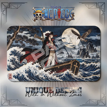 Mihawk Moonlit One Piece playmat, navy and gray Japanese woodblock-style art, 24 x 14 in TCG mat