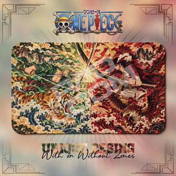 Zoro vs Mihawk Tiger One Piece playmat, gold and green Japanese woodblock-style art, 24 x 14 in TCG mat