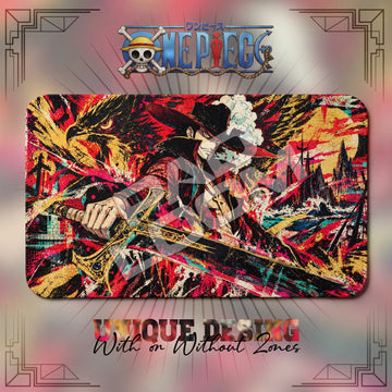Mihawk Graffiti One Piece playmat, red and orange graffiti-style art, 24 x 14 in TCG mat