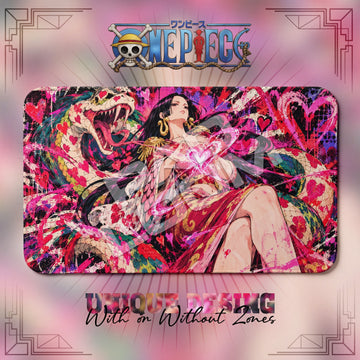 Boa Hancock Mero Mero One Piece playmat, pink and red graffiti-style art, 24 x 14 in TCG mat