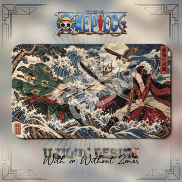 Zoro vs Mihawk Baratie One Piece playmat, green and beige Japanese woodblock-style art, 24 x 14 in TCG mat