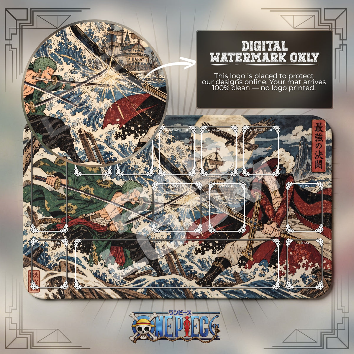 Zoro vs Mihawk Baratie One Piece playmat with zones; the Padloom watermark is digital only, not printed