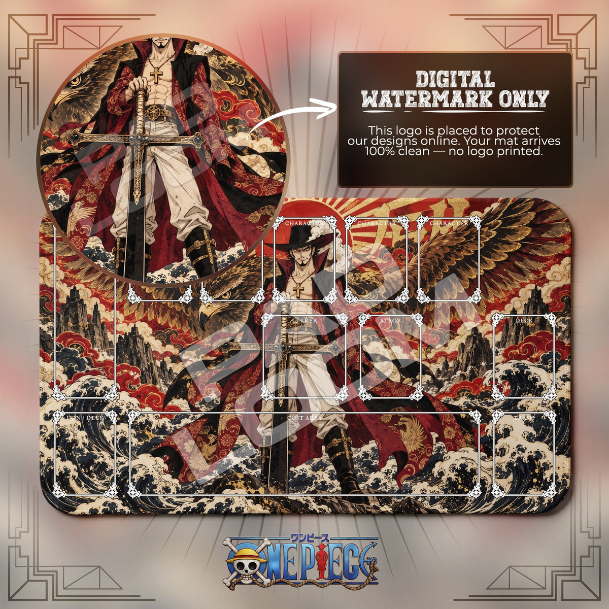Mihawk Rising Sun One Piece playmat with zones; the Padloom watermark is digital only, not printed