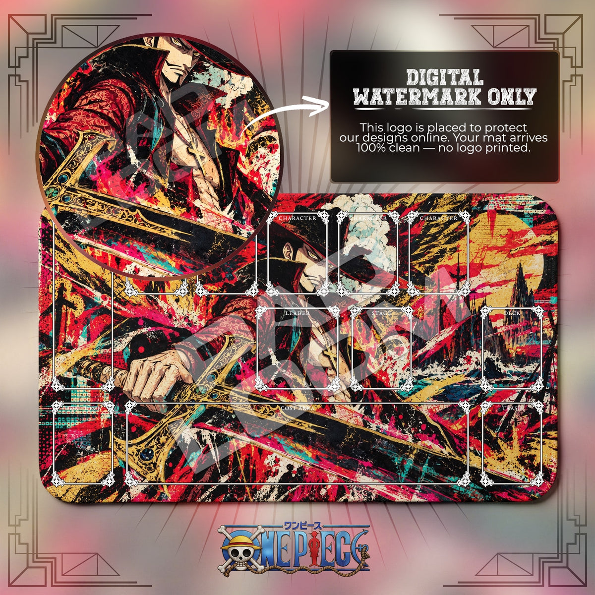 Mihawk Graffiti One Piece playmat with zones; the Padloom watermark is digital only, not printed