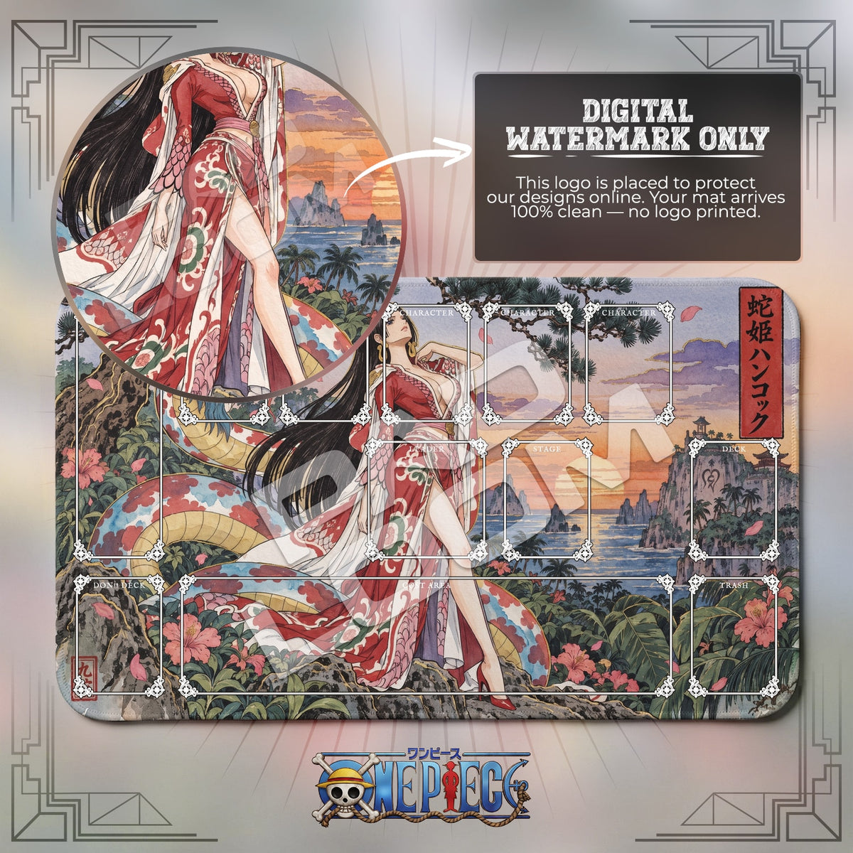 Boa Hancock Amazon Lily One Piece playmat with zones; the Padloom watermark is digital only, not printed